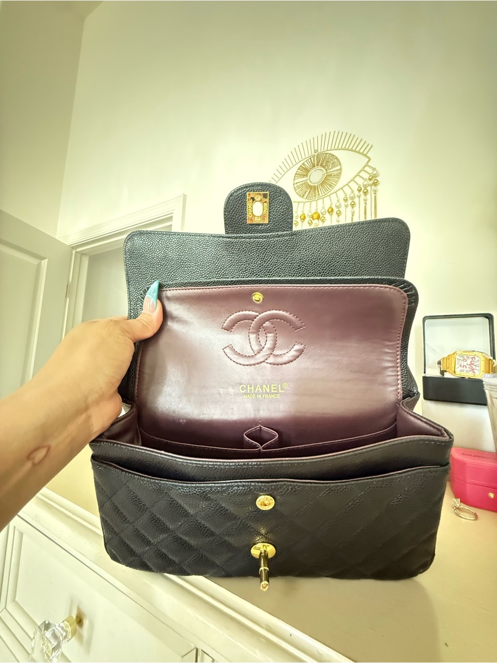 Black Quilted Caviar Leather Shoulder Bag with Shiny Gold Hardware - Picture 8 of 14